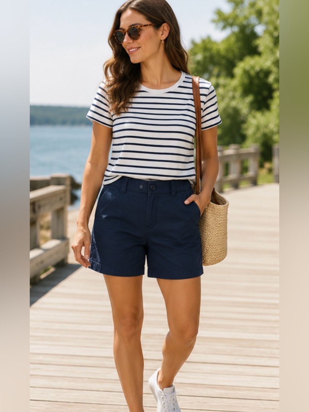 515 L.L.Bean Women’s Navy Comfort Waist Chino Shorts Size 8 Elastic Back Casual